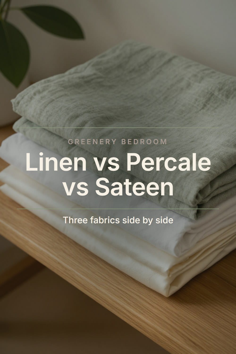 Overhead view of three folded sheet stacks in linen, percale and sateen side by side on a wooden bench