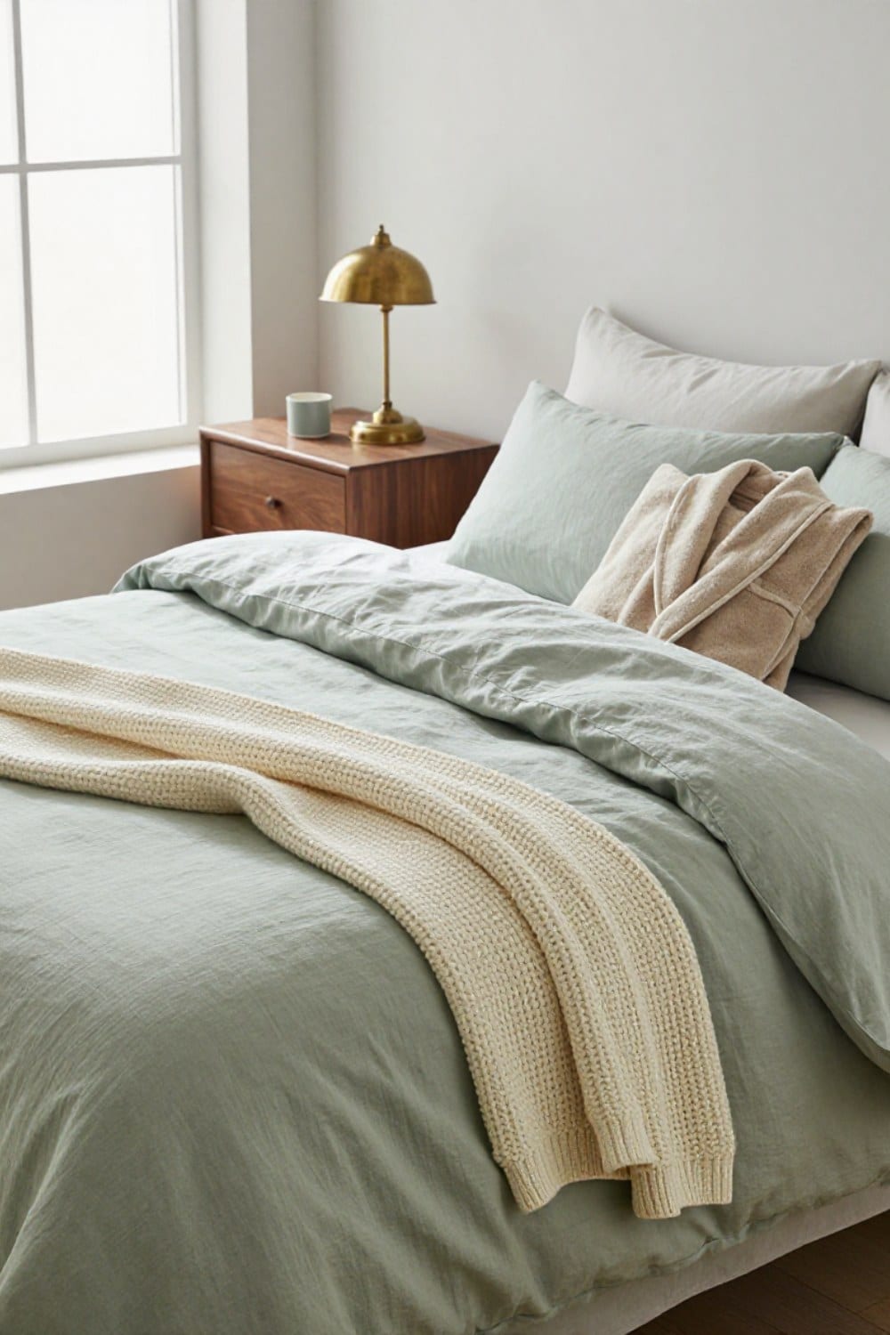Luxury bedding gifts on a guest bed: a sage linen duvet, a cream knit throw and a folded robe in soft December window light