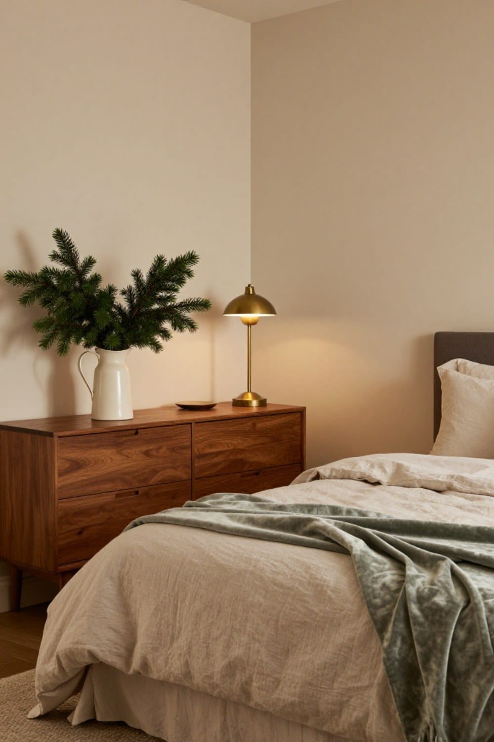 A pitcher of fresh cedar and fir branches on a walnut dresser in a calm green and cream bedroom, ready to make your bedroom smell like Christmas