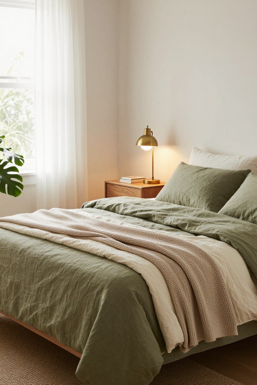 A lived-in guest room bed dressed in washed olive green linen with a cream quilt, oatmeal throw and a brass lamp glowing beside it
