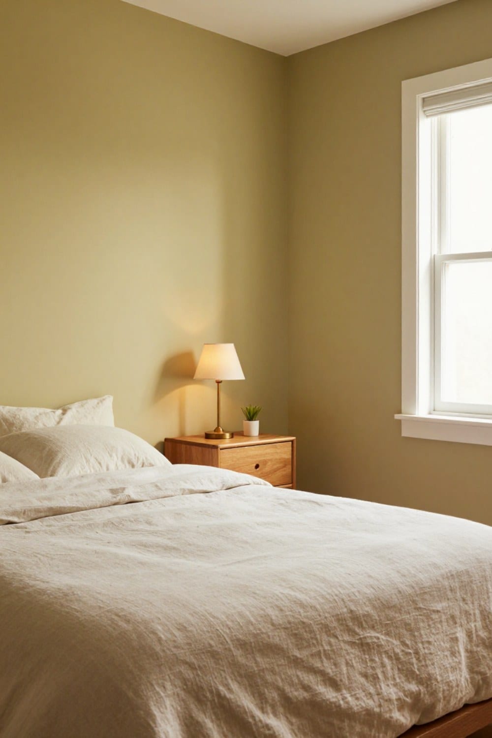 Olive green bedroom ideas shown in a lived-in room with yellow-leaning olive walls, honey oak nightstands, an aged brass lamp and rumpled oatmeal linen bedding