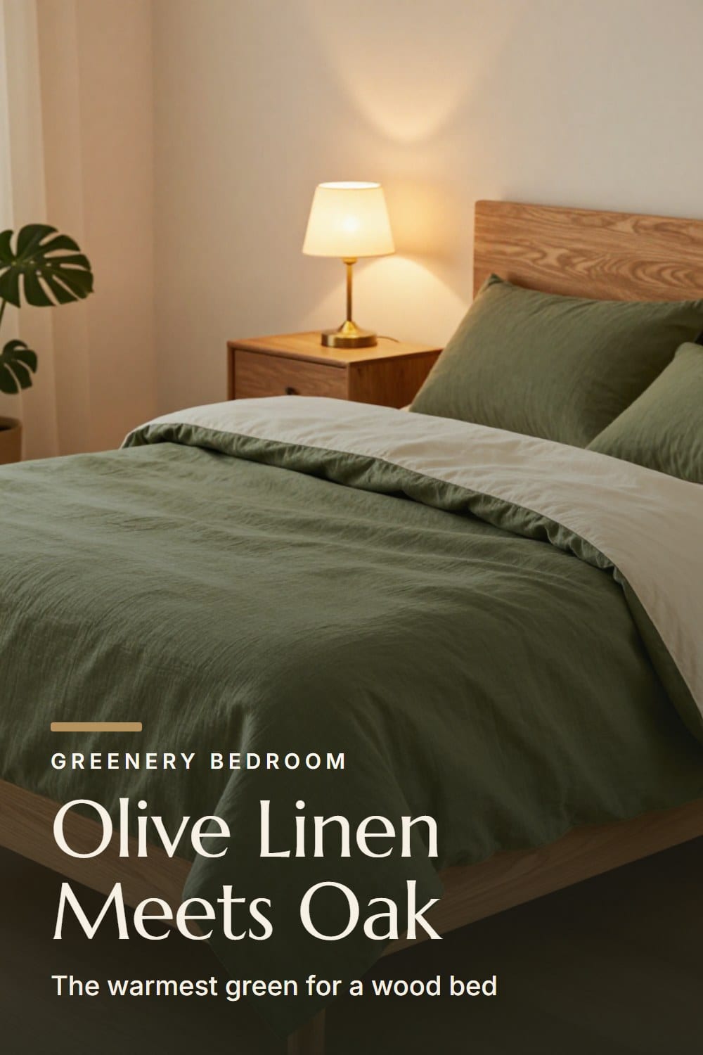 An olive green linen duvet cover on a solid oak bed with an aged brass lamp glowing at dusk