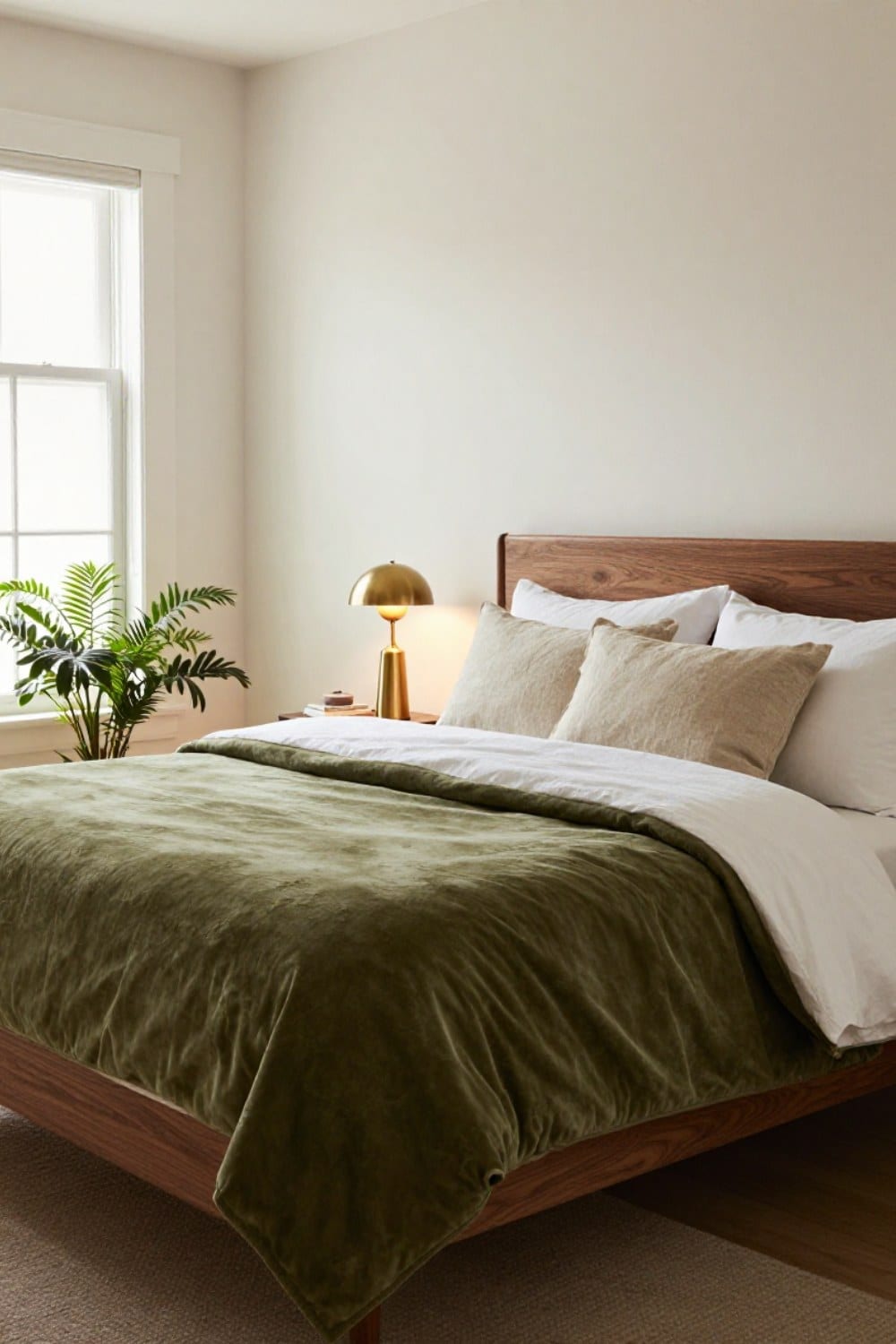 Olive velvet bedding quilt layered over white percale with oatmeal linen shams and a brass lamp in a winter bedroom