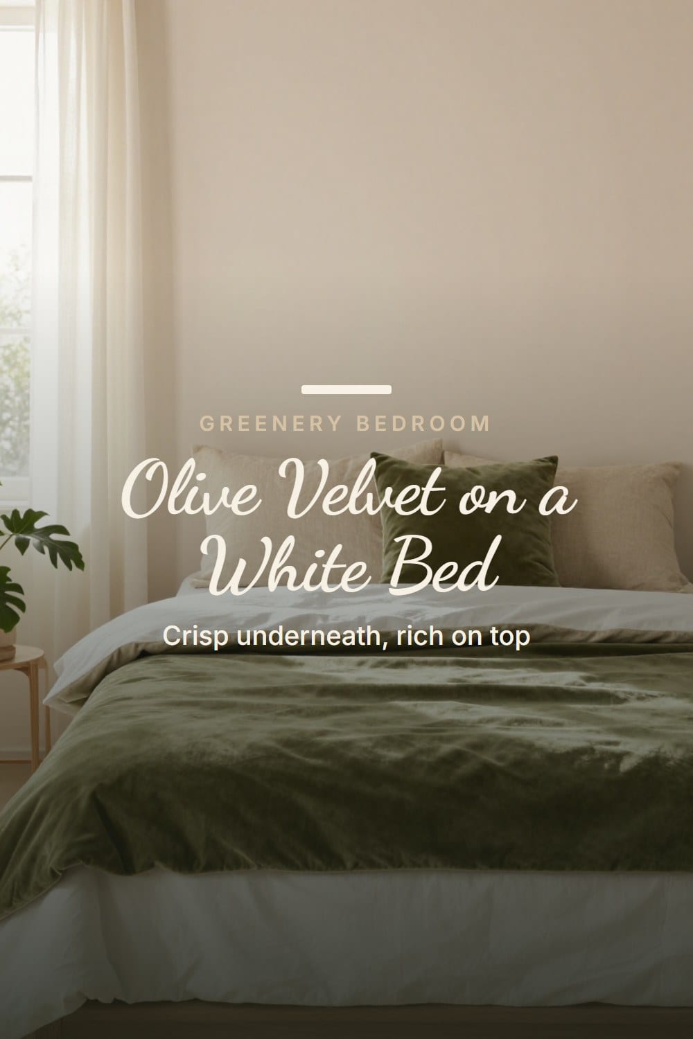 Olive velvet quilt on a white percale bed with a small olive velvet pillow and oatmeal linen shams
