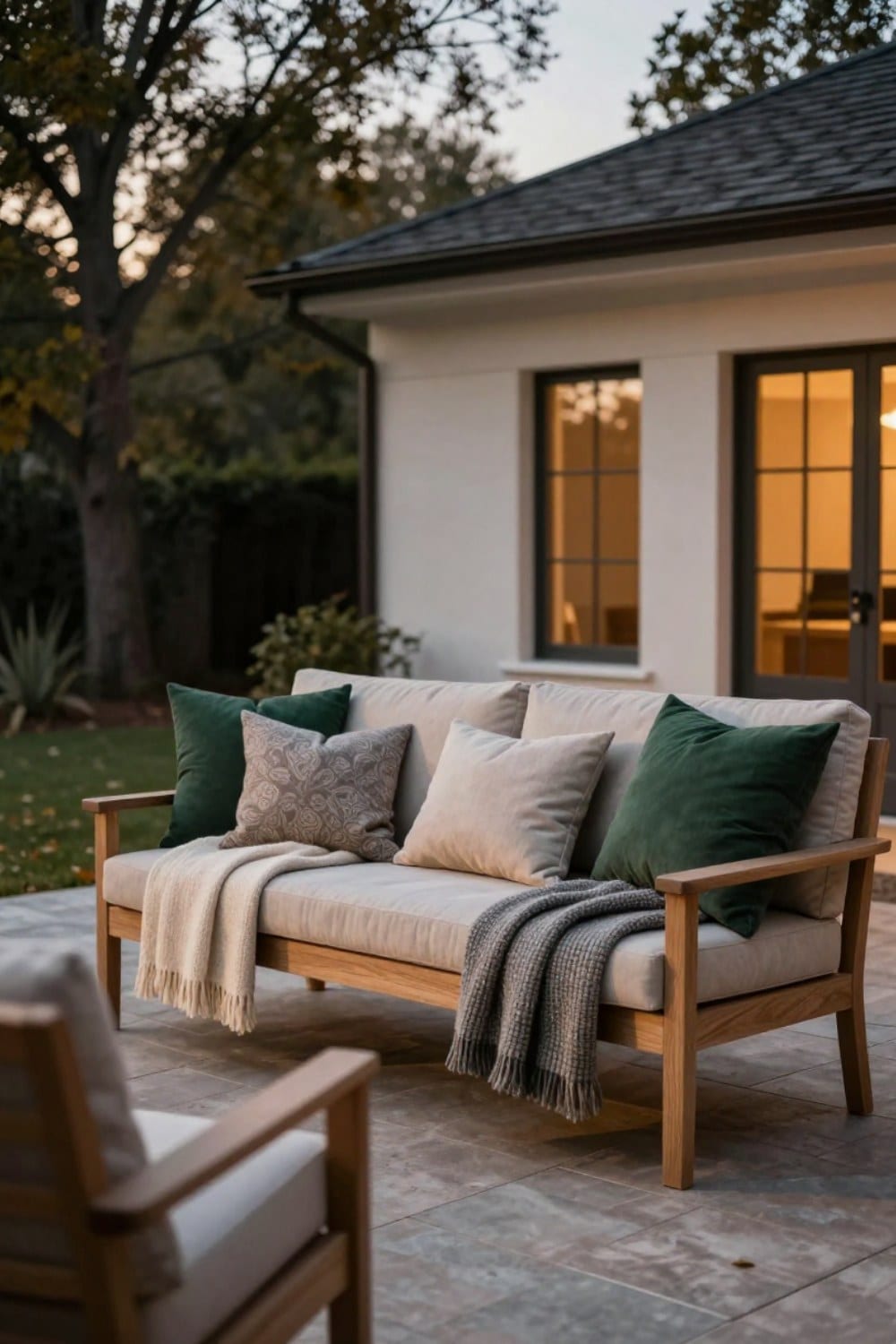 Wool throws and solution-dyed cushions layered over teak patio chairs on a damp autumn evening