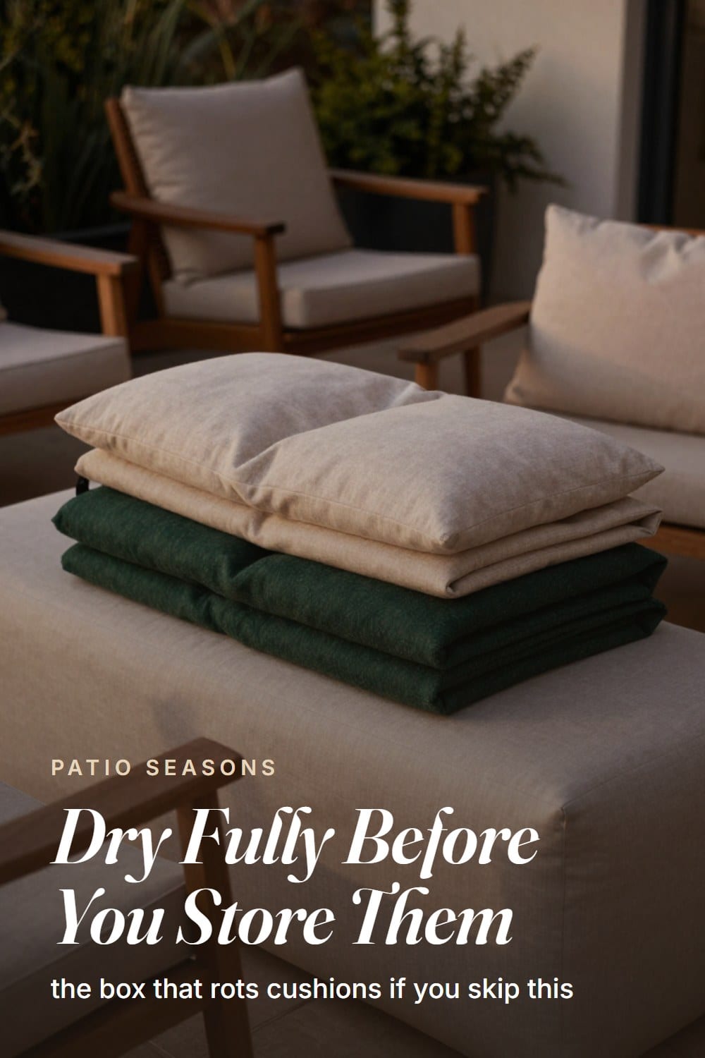 Cushions and throws folded and stacked into a weatherproof storage bench at the end of the season