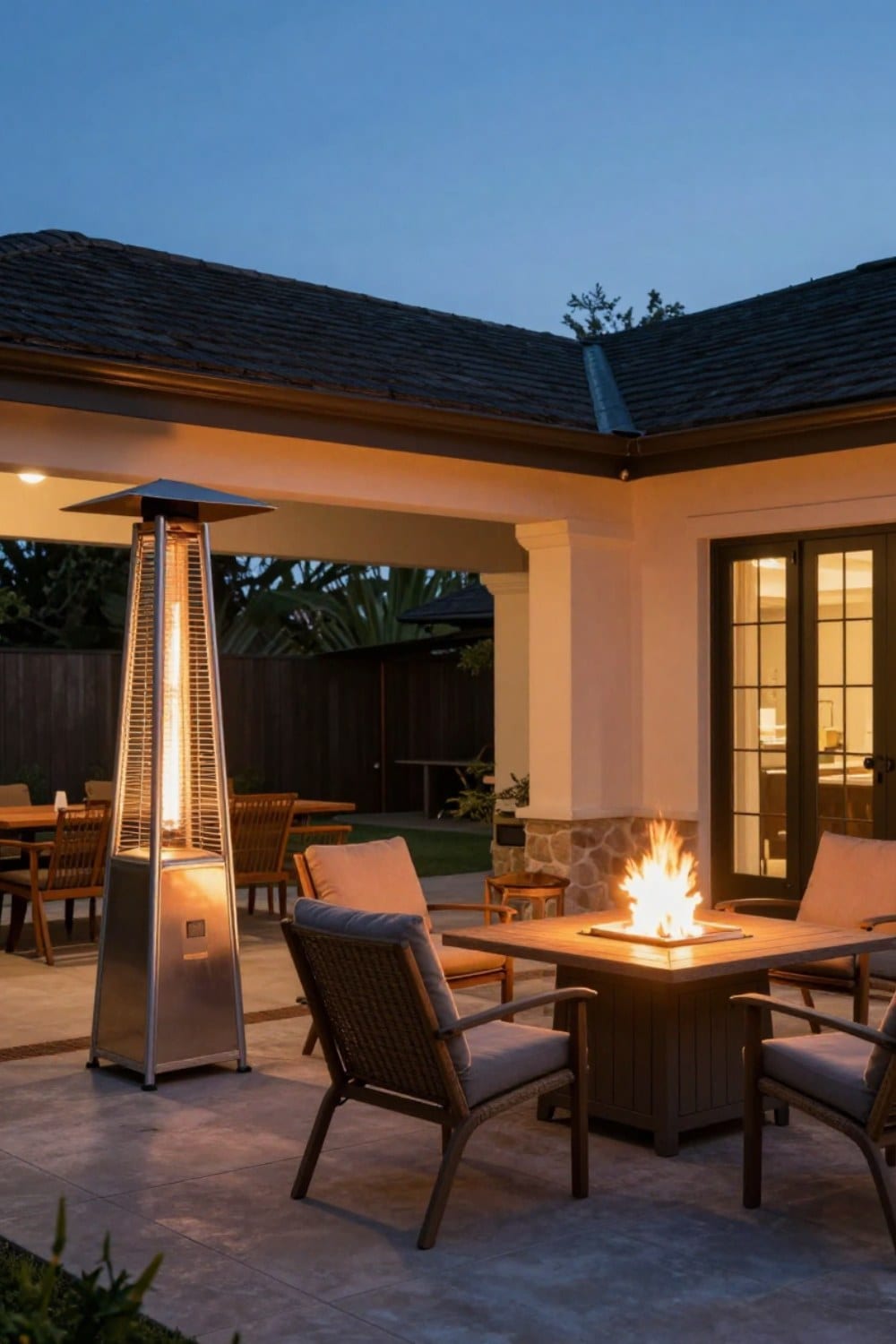 A furnished patio at dusk with a lit patio heater at one end and a glowing fire pit table at the other