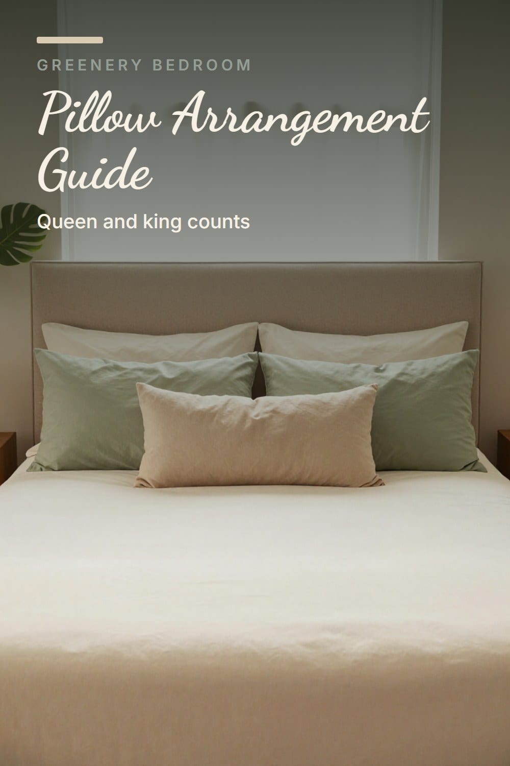 A queen bed with two cream euro shams at the back, two sage pillows in front and one oatmeal lumbar pillow centered