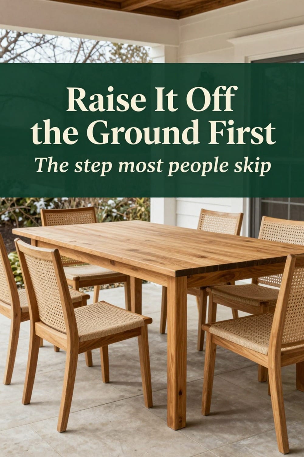 A teak dining set raised on furniture feet with a breathable cover being fitted over the tabletop