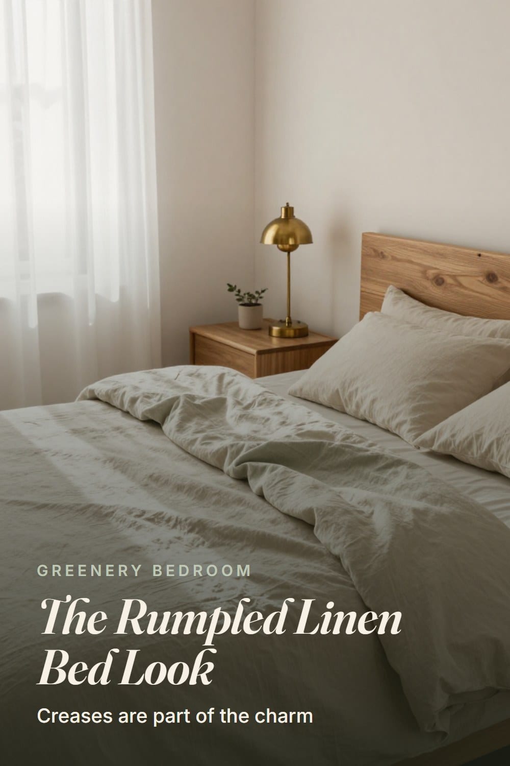 A slept-in bed with softly rumpled oatmeal and sage linen sheets in morning light through sheer curtains