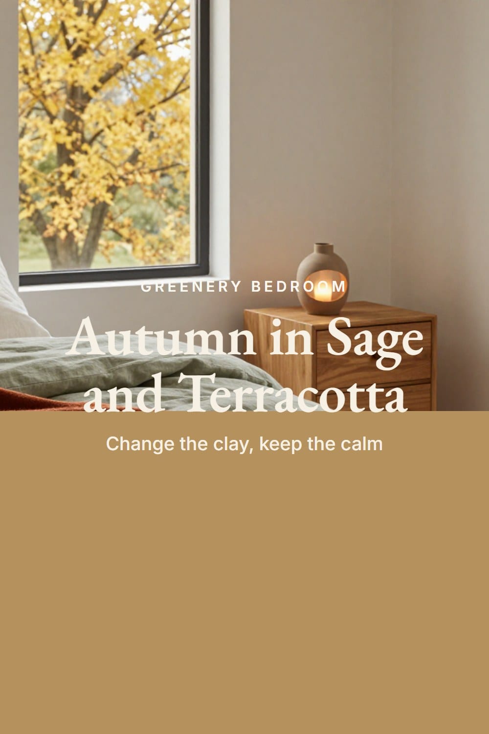 A rust wool throw over a sage linen duvet beside an oak nightstand with a lit lamp in golden autumn afternoon light