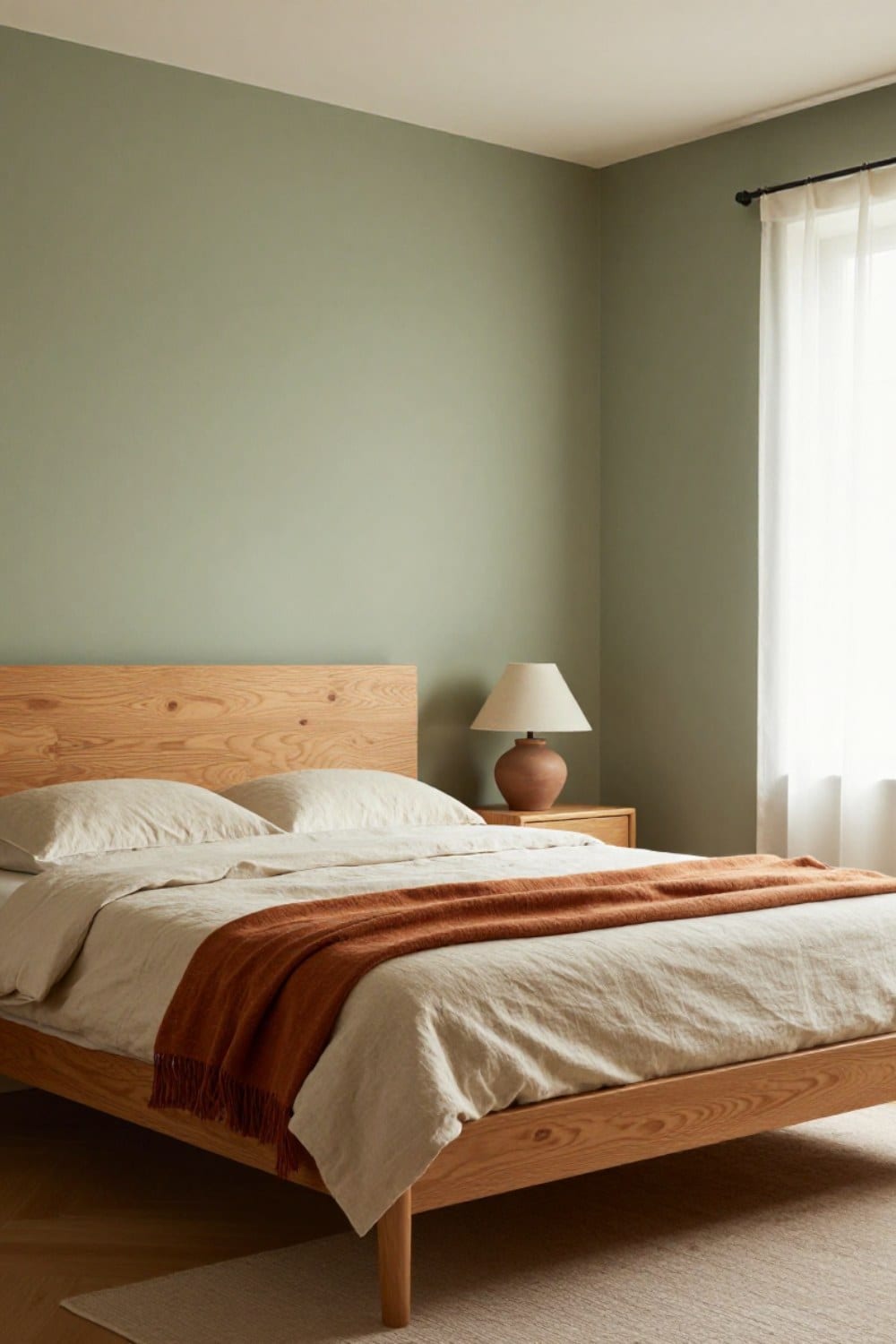 A sage green and terracotta bedroom with an oak bed, oatmeal linen bedding, a rust throw and a clay lamp in soft morning light