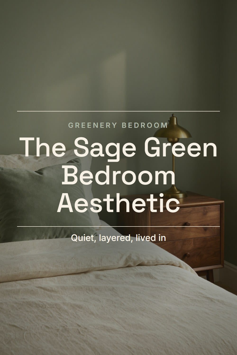 Lamplit dusk view of a sage green bedroom with a velvet pillow on rumpled cream linen and a brass lamp