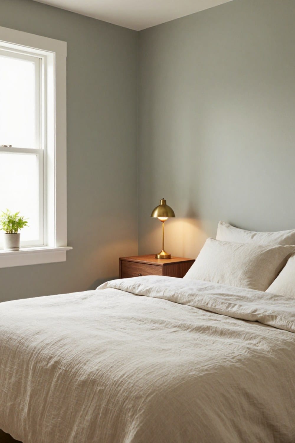 Sage green bedroom ideas shown in a calm real-home bedroom with gray-green walls, oatmeal linen bedding, a walnut nightstand and an aged brass lamp