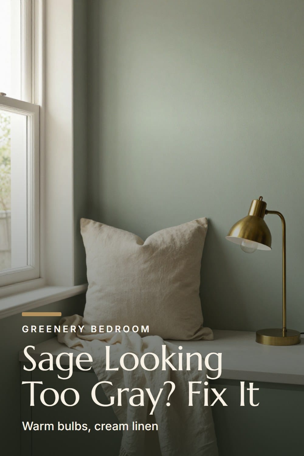 Gray afternoon window light on a sage green wall warmed by a cream linen throw, an oatmeal pillow and a lit brass lamp