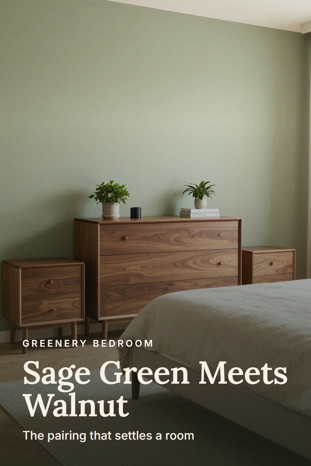 A sage green bedroom with a walnut dresser and walnut nightstands flanking an oatmeal upholstered bed