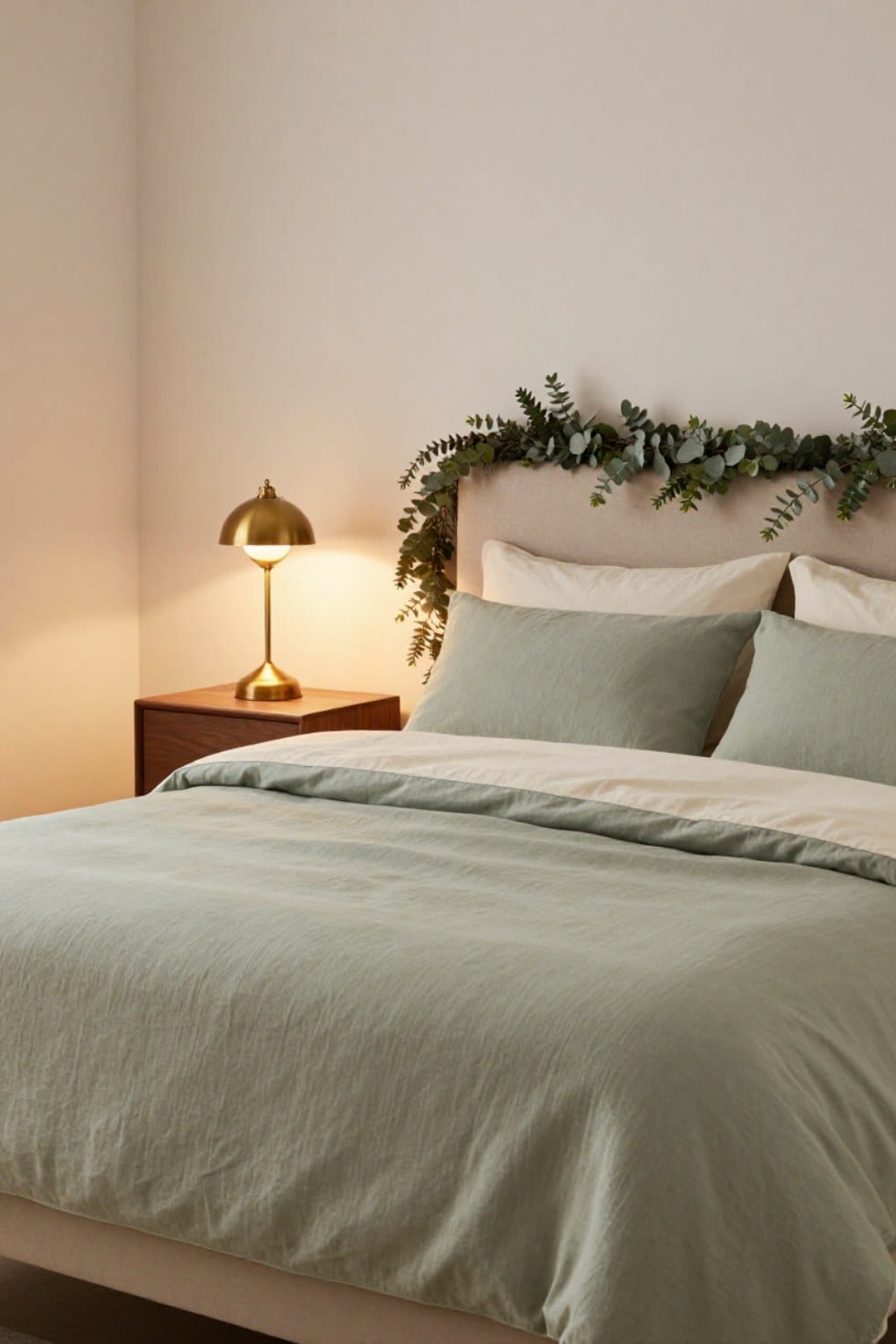 A sage green Christmas bedroom with a sage linen duvet, cream pillows, an aged brass lamp and a cedar and eucalyptus garland at dusk