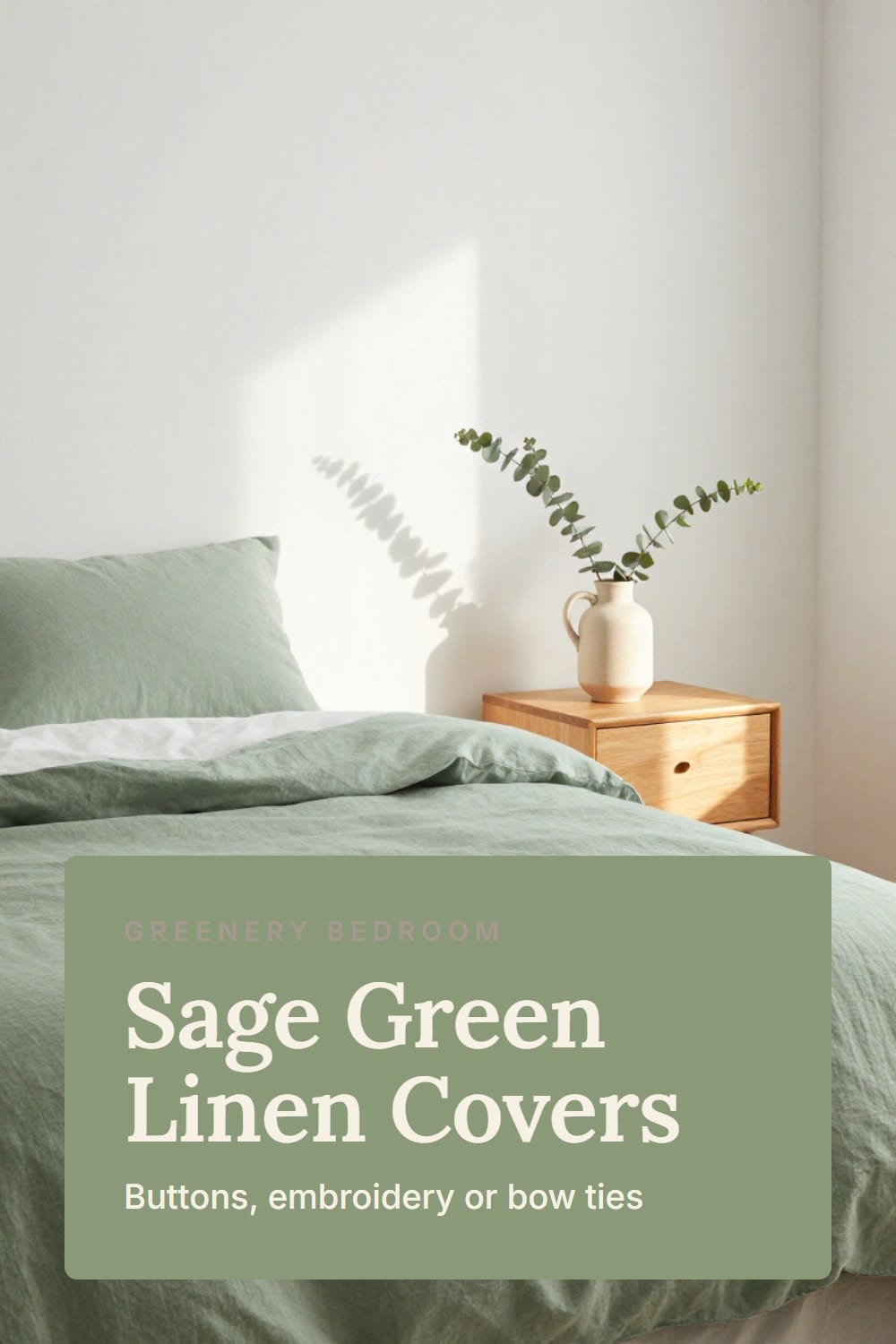 A bed in a sage green linen duvet cover against a warm white wall with eucalyptus stems in a ceramic jug