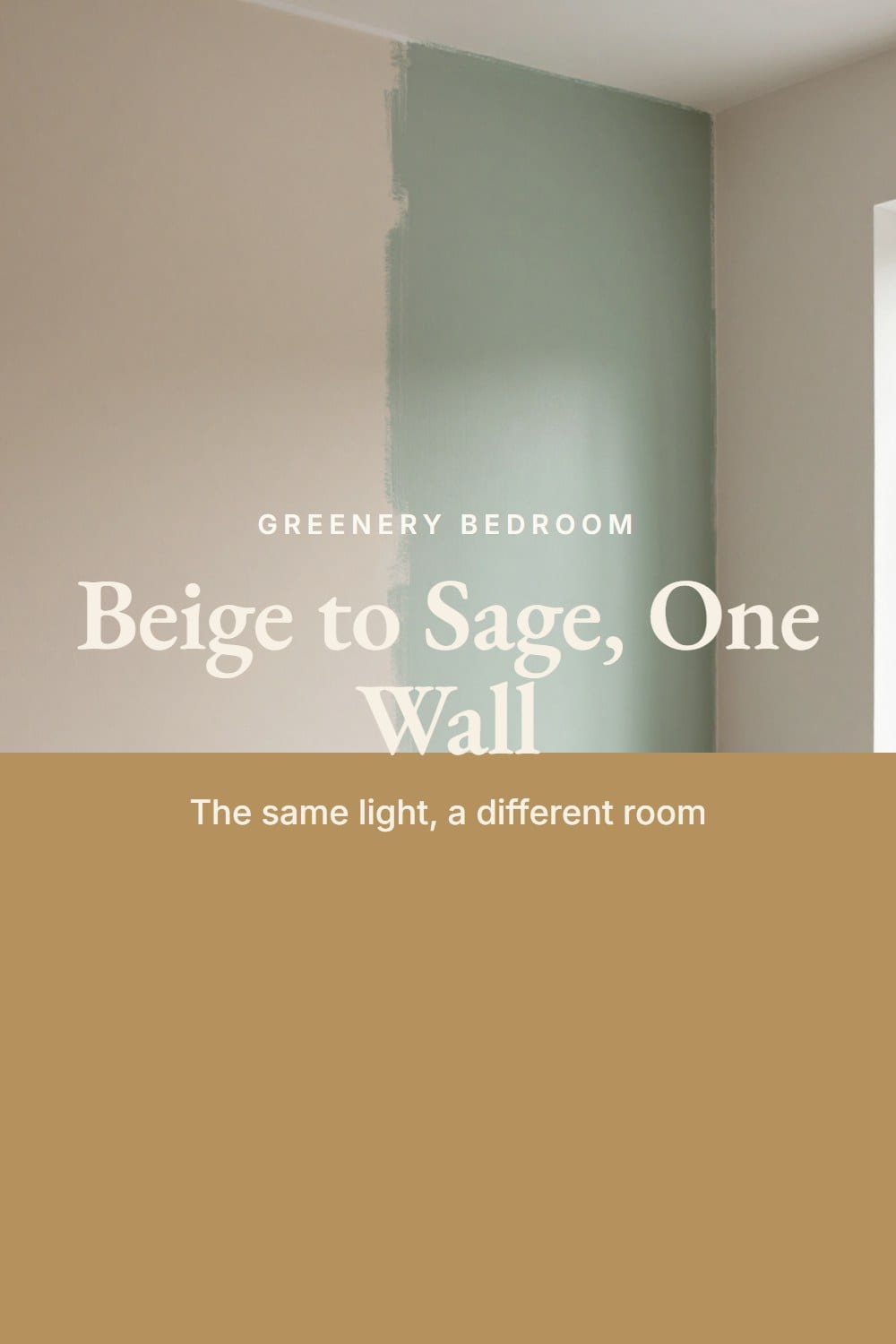 A bedroom wall at an angle, half primed pale beige and half freshly painted sage
