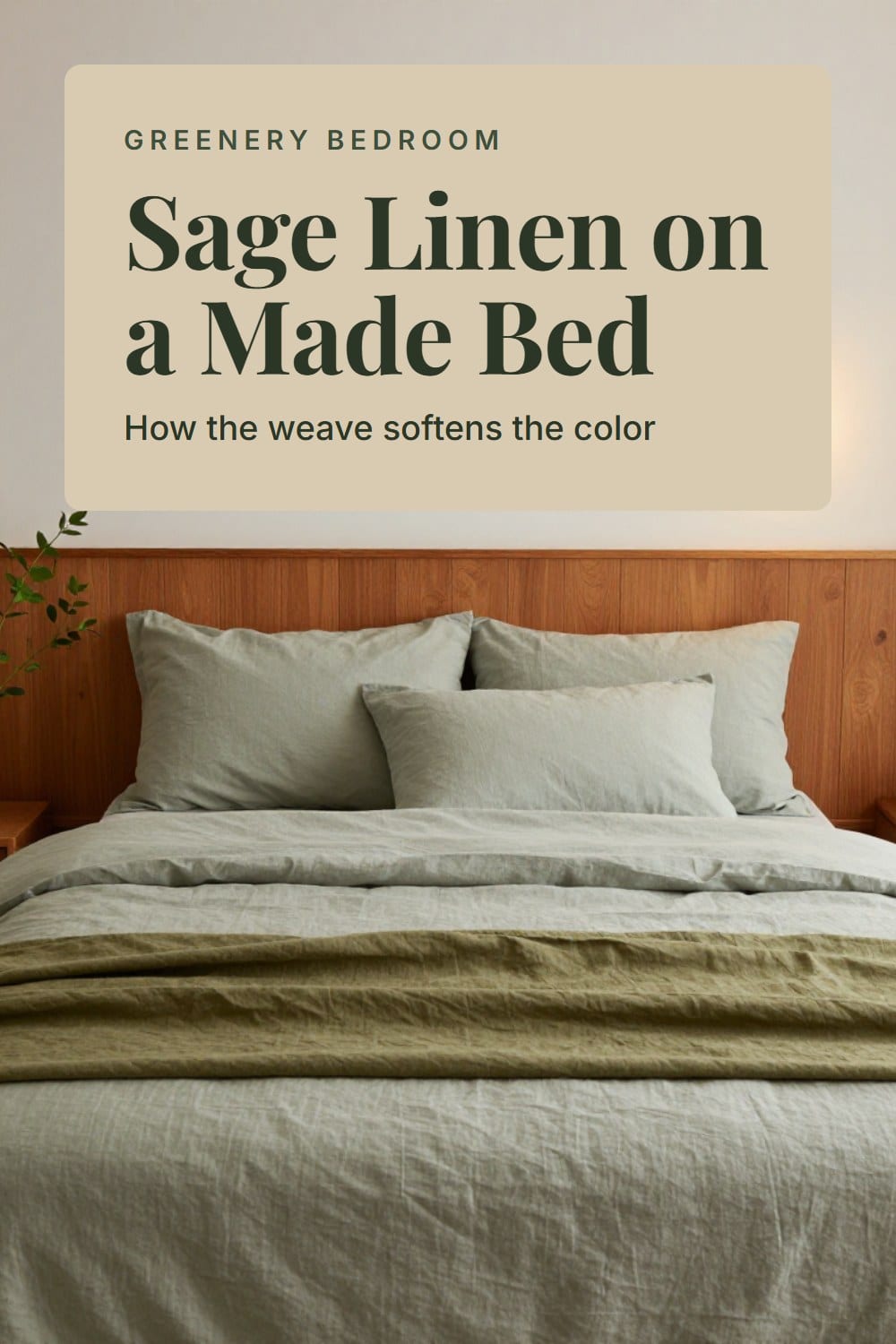 Straight-on view of a made bed in soft sage linen sheets with an olive throw and euro shams beneath a brass sconce
