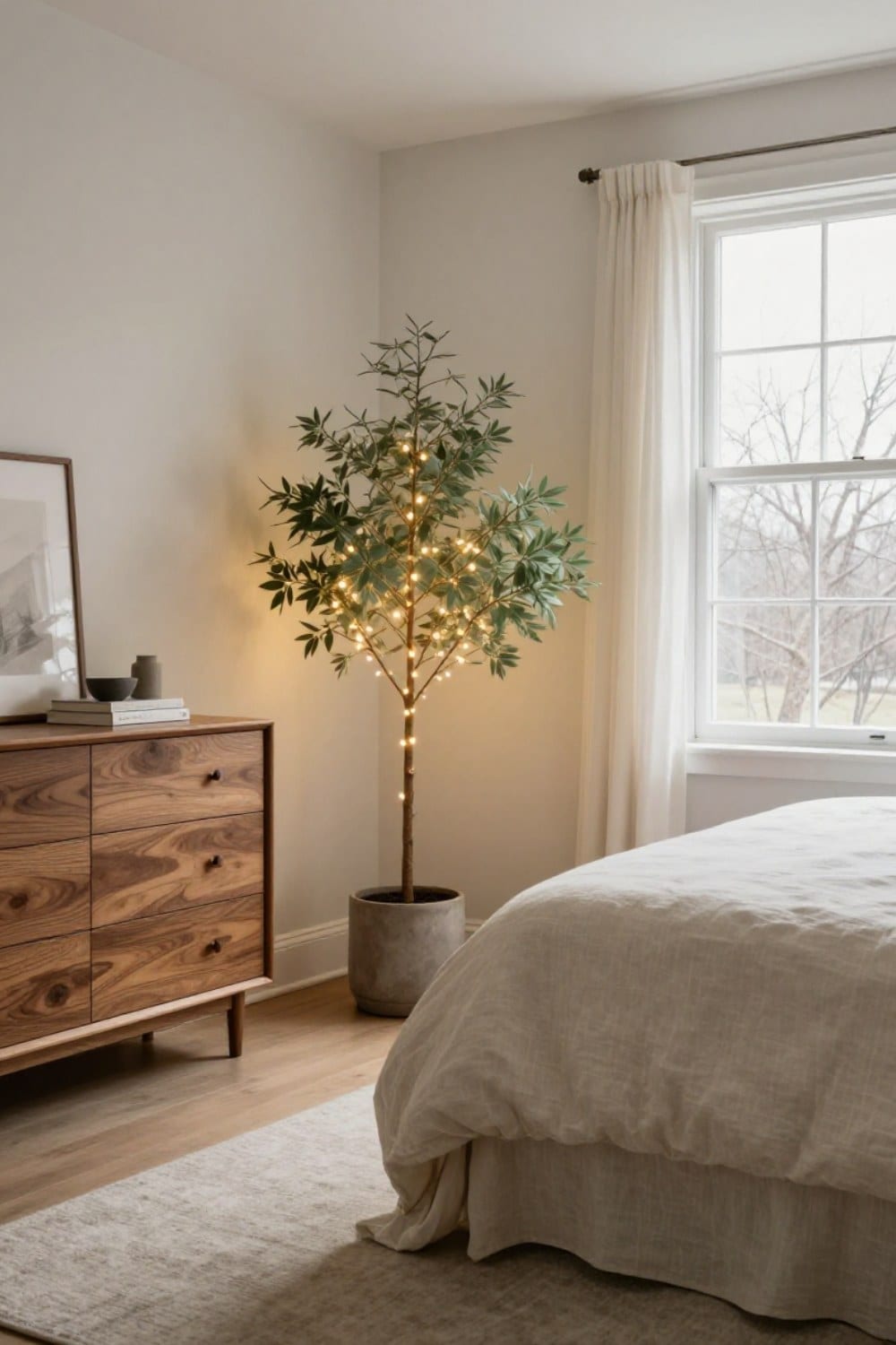 A slim sage green small Christmas tree for bedroom use glowing with warm white lights beside a walnut dresser and linen bed
