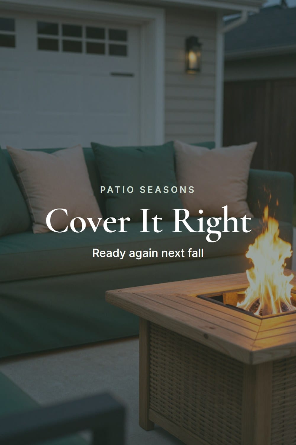 A fire pit table fitted with its weatherproof cover beside neatly stacked cushions