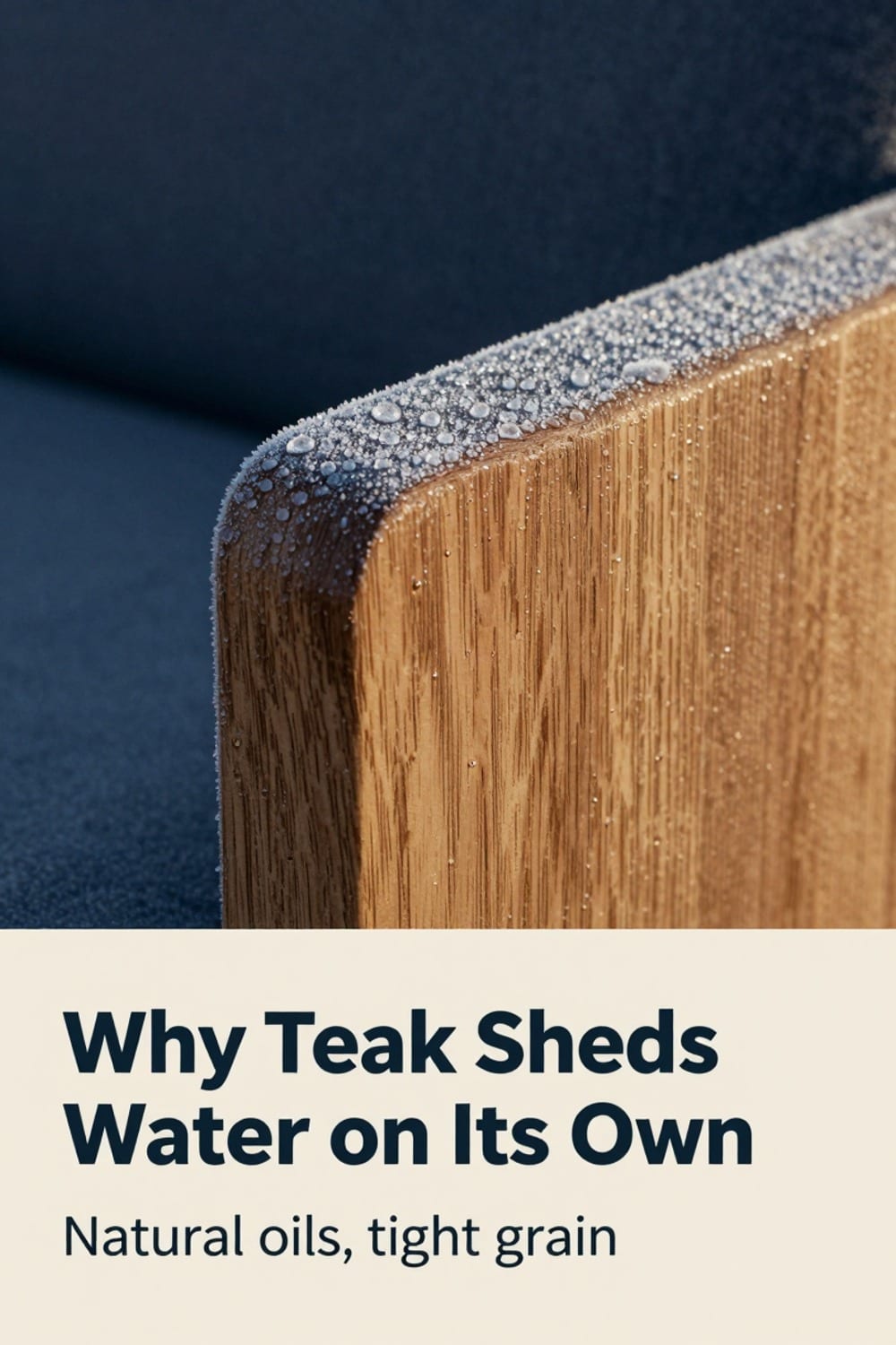 Close view of frost beading across dense teak grain on an armrest