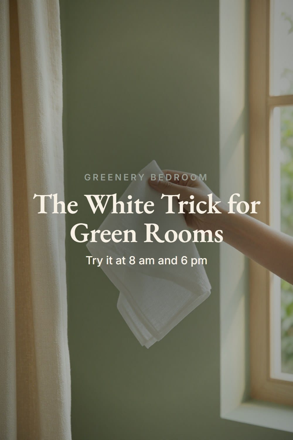 A hand holding a folded white linen napkin against a sage green wall to check the white paint undertone in window light