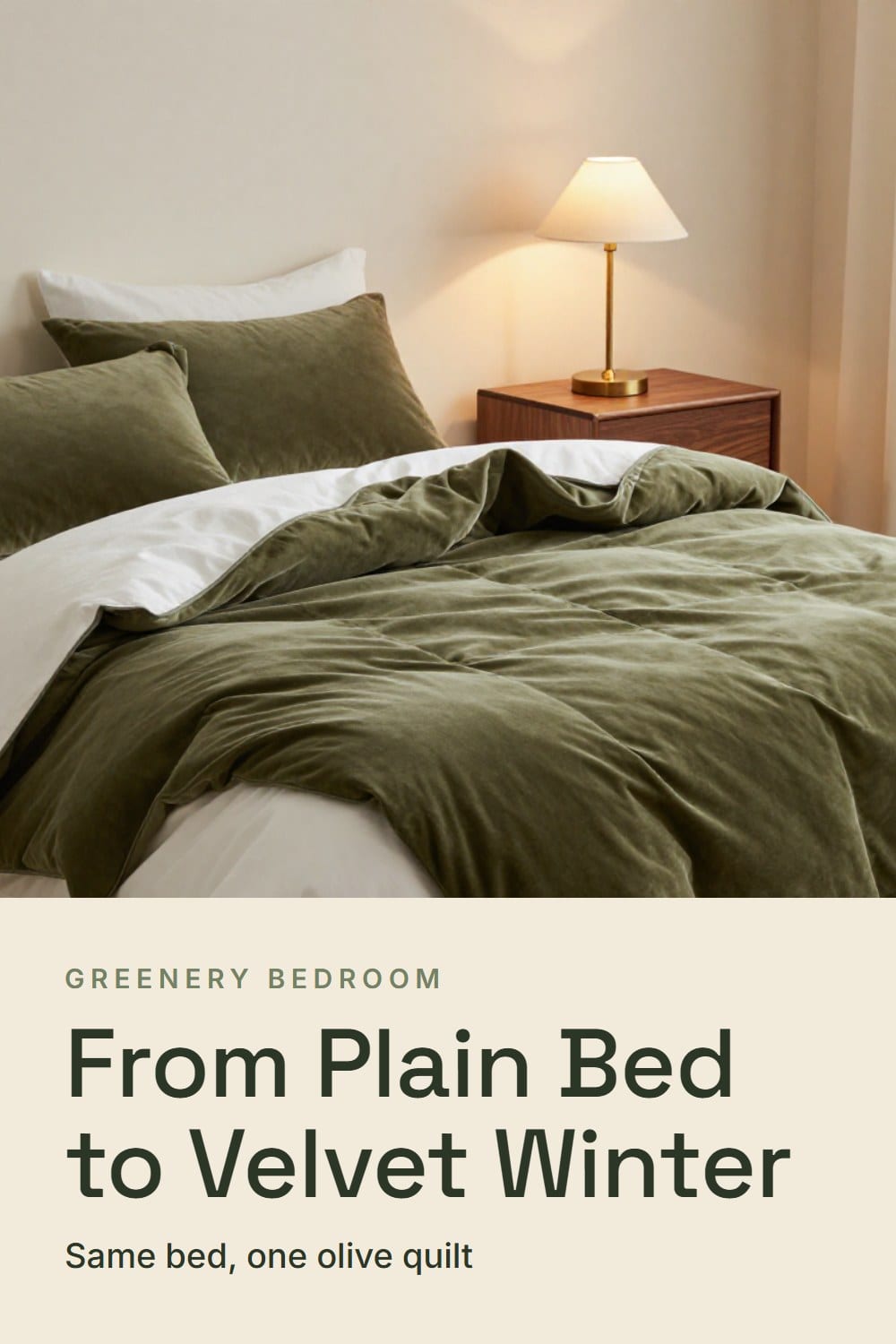 Before and after of a guest bed dressed with white percale and an olive velvet quilt with a turned-back band of sheet