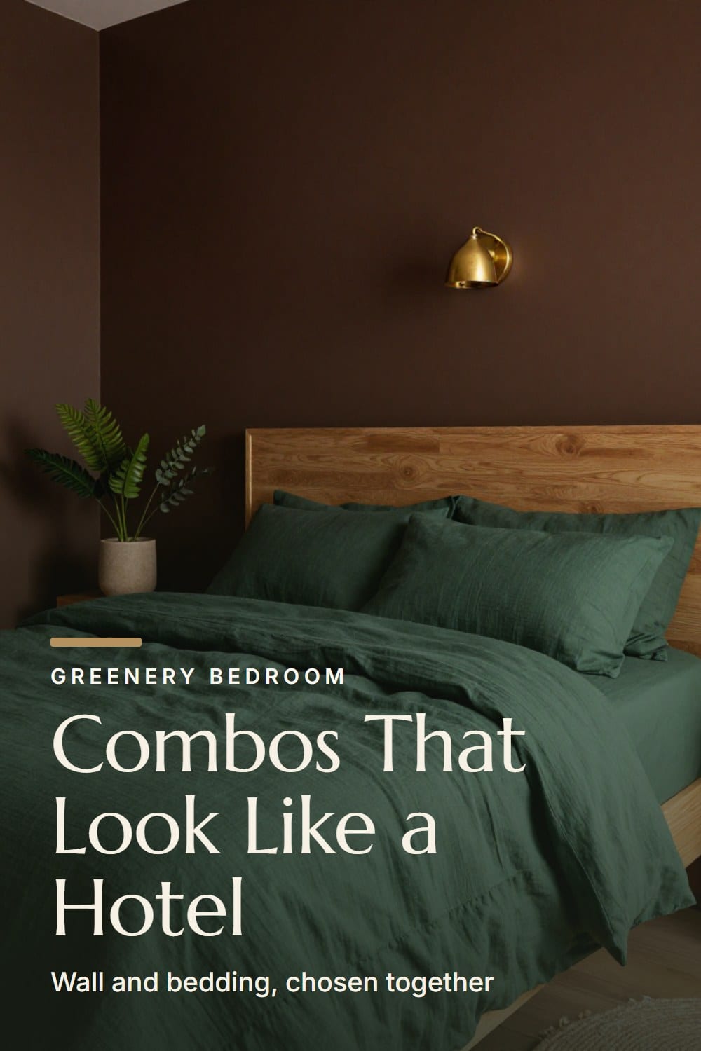 Forest green linen bed with a ruched Euro sham against deep chocolate brown walls and an aged brass sconce