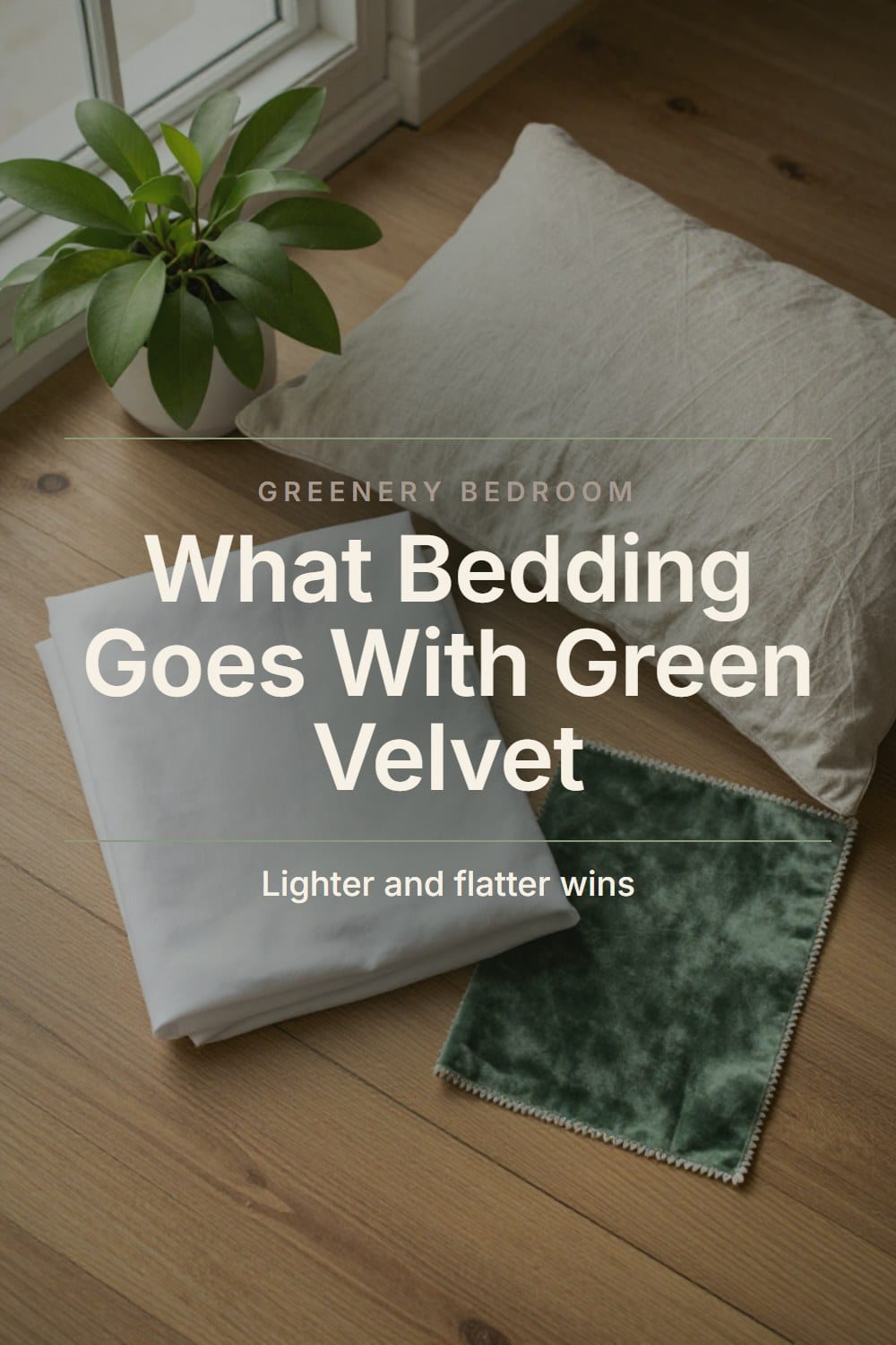 Folded white percale, oatmeal linen and a sage linen pillowcase beside a green velvet swatch on a wood floor