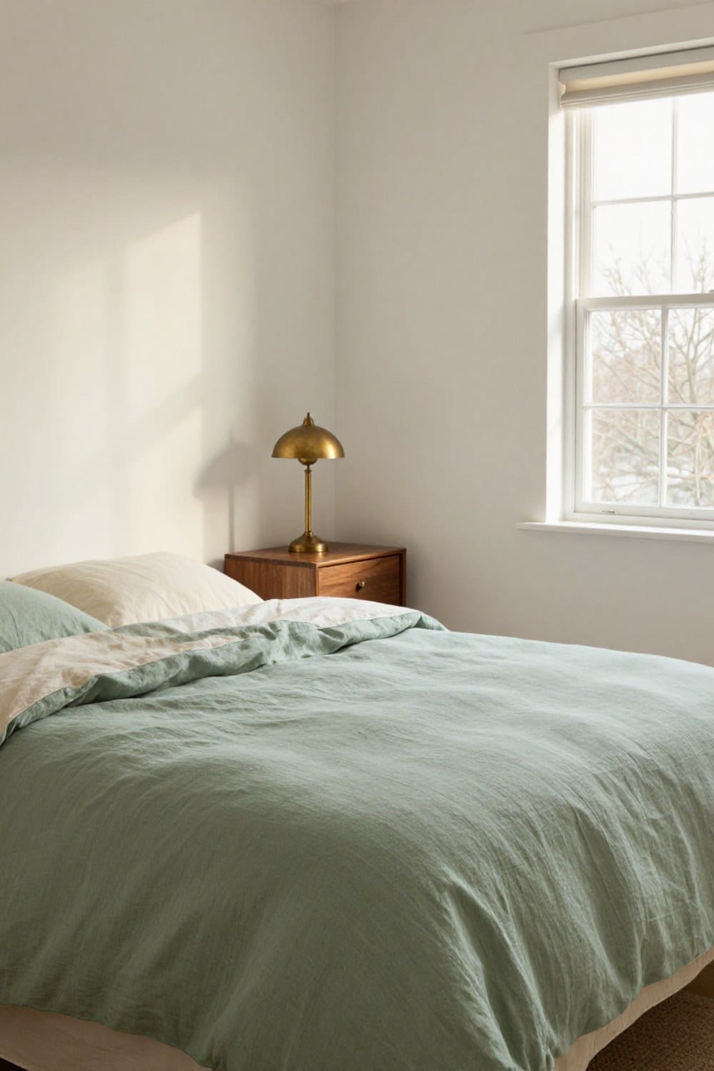 Lived-in guest room with sage green linen bedding against warm white walls, answering what color walls go with green bedding