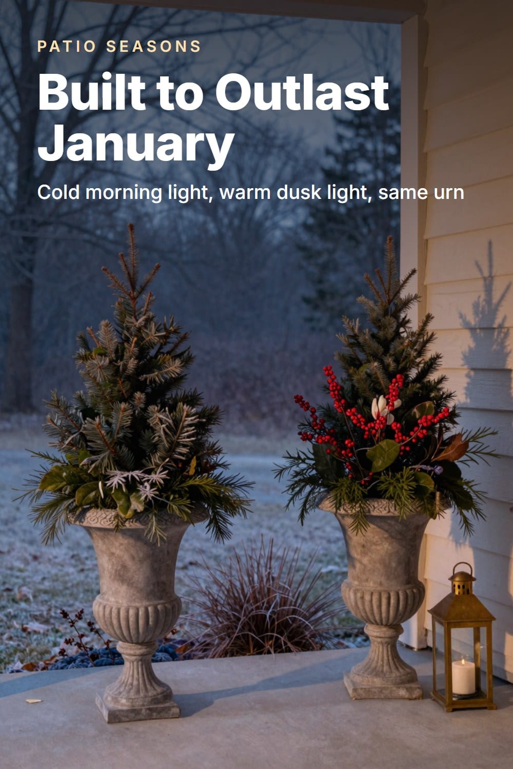 The same evergreen urn shown in cold morning light beside blue-hour dusk light