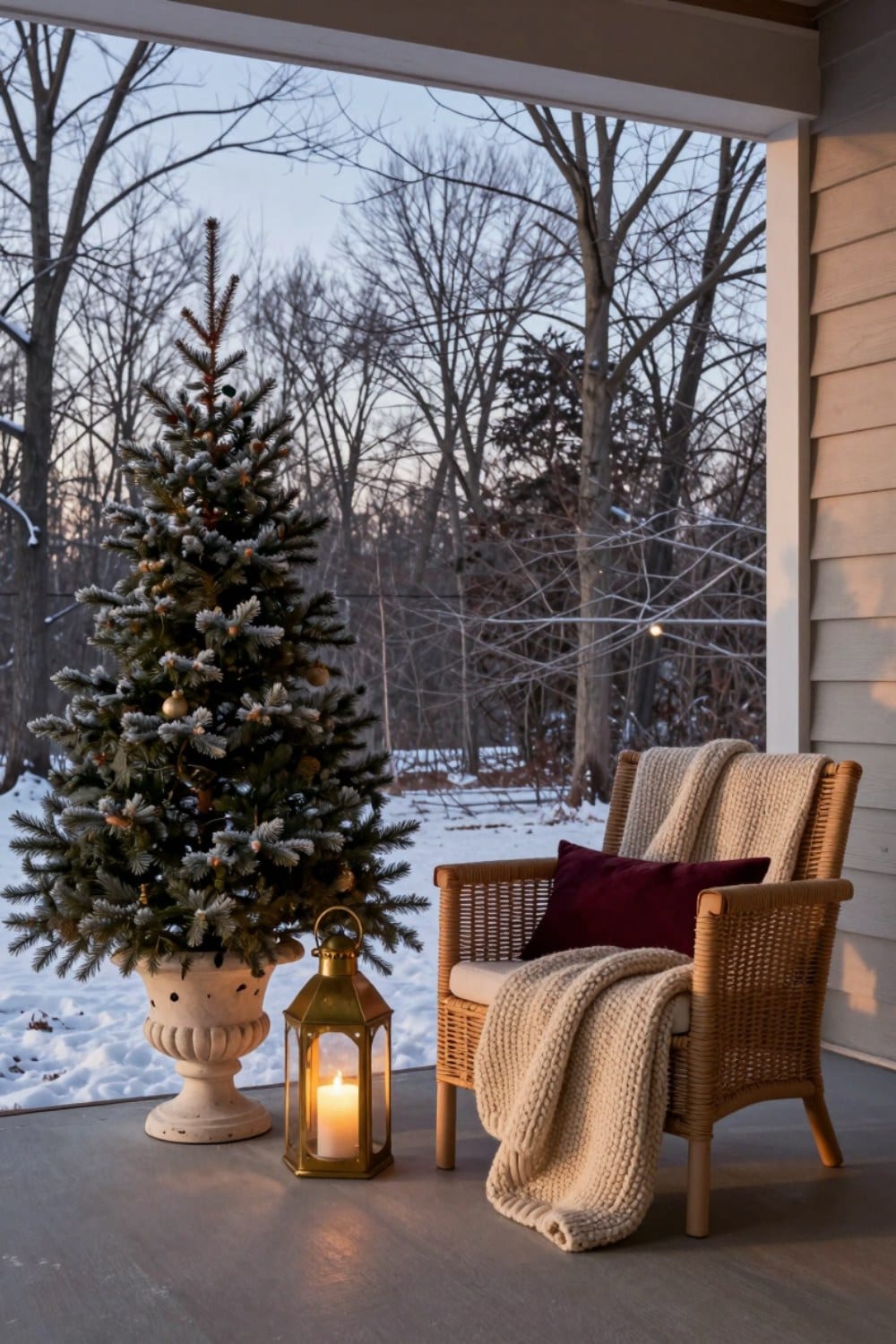 A winter porch styled with neutral evergreen, birch logs, and warm lantern light instead of holiday decor