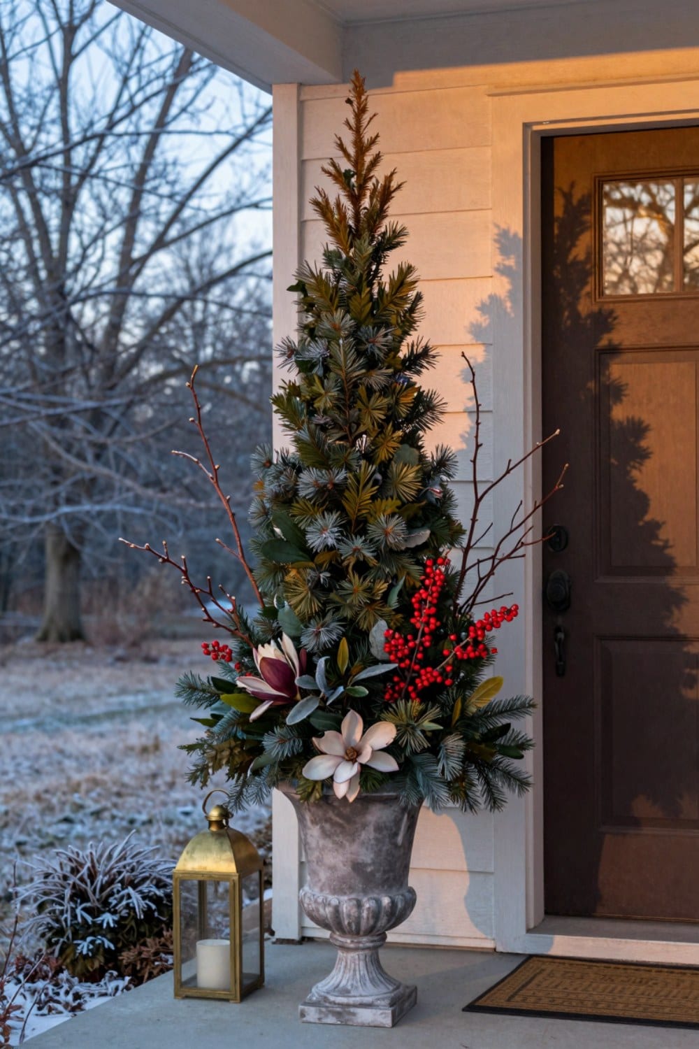 A pair of cold-hardy evergreen urns flanking a front door, built with fir boughs, twig dogwood, and winterberry