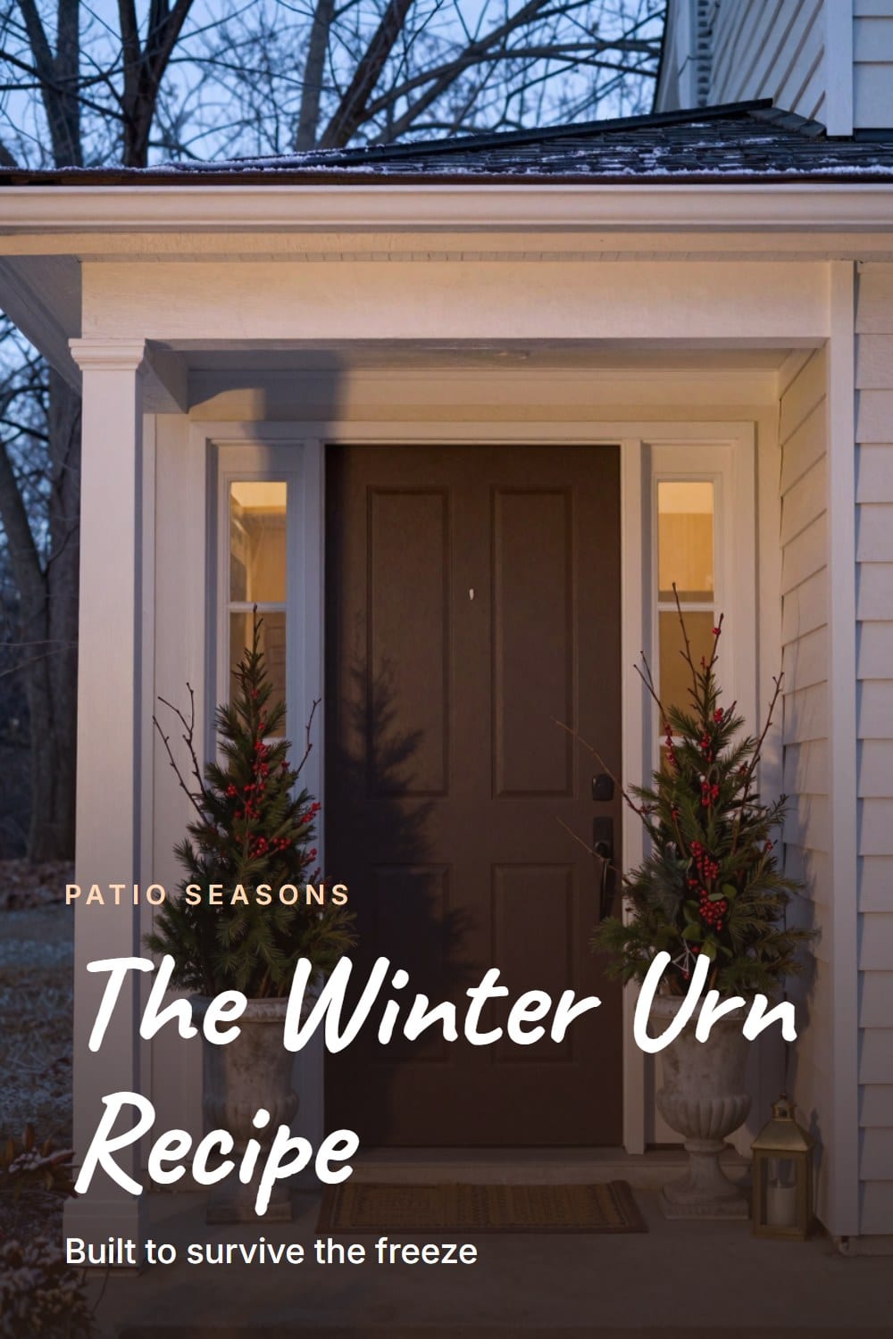 Doorway framing of a matched pair of cold-hardy evergreen urns flanking a front entry in winter
